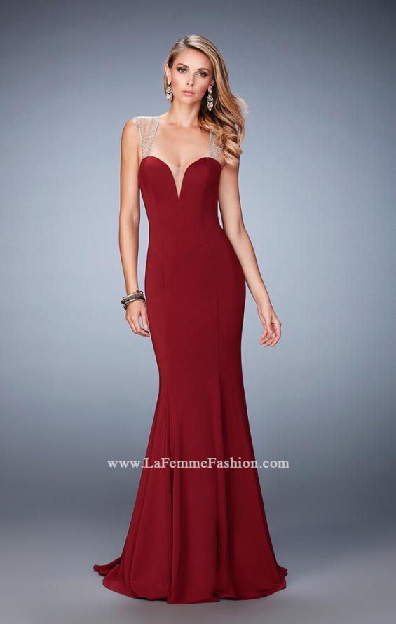 Picture of: Long Jersey Mermaid Gown with Sheer Straps and Stones in Red, Style: 22237, Detail Picture 2