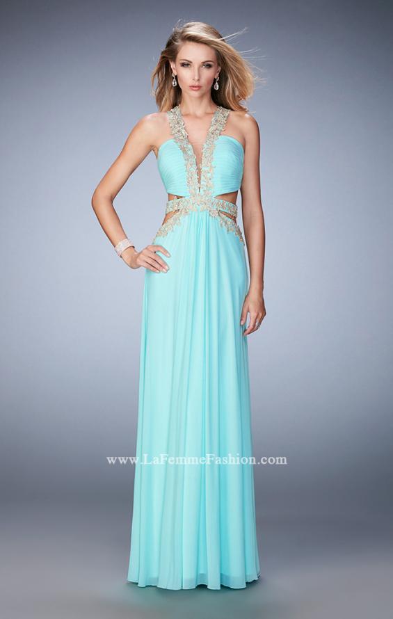 Picture of: Racer Back Long Prom Dress with Gold Embroidery in Blue, Style: 22252, Detail Picture 1