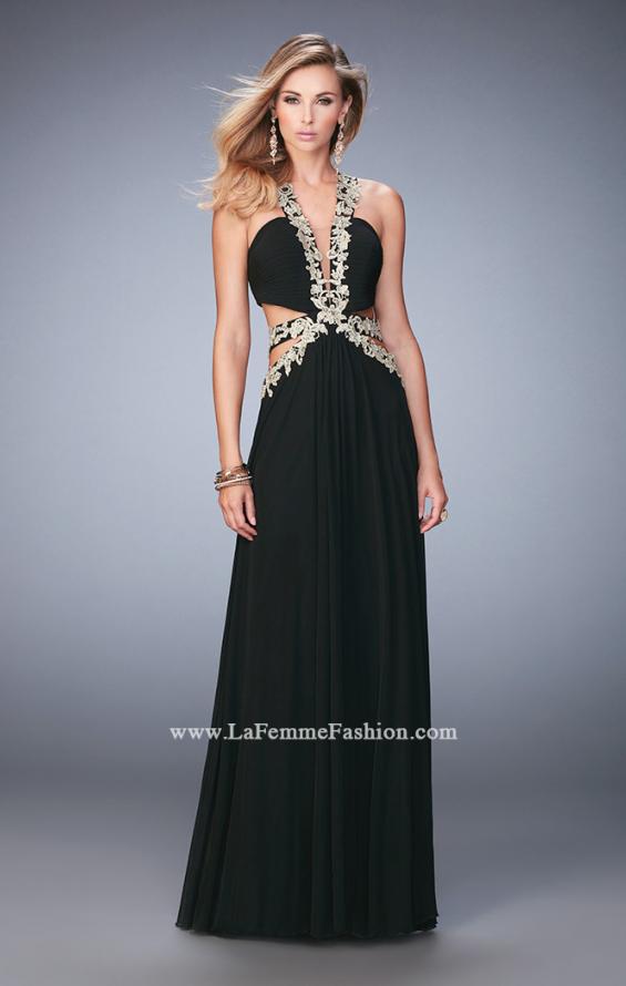 Picture of: Racer Back Long Prom Dress with Gold Embroidery in Black, Style: 22252, Detail Picture 2