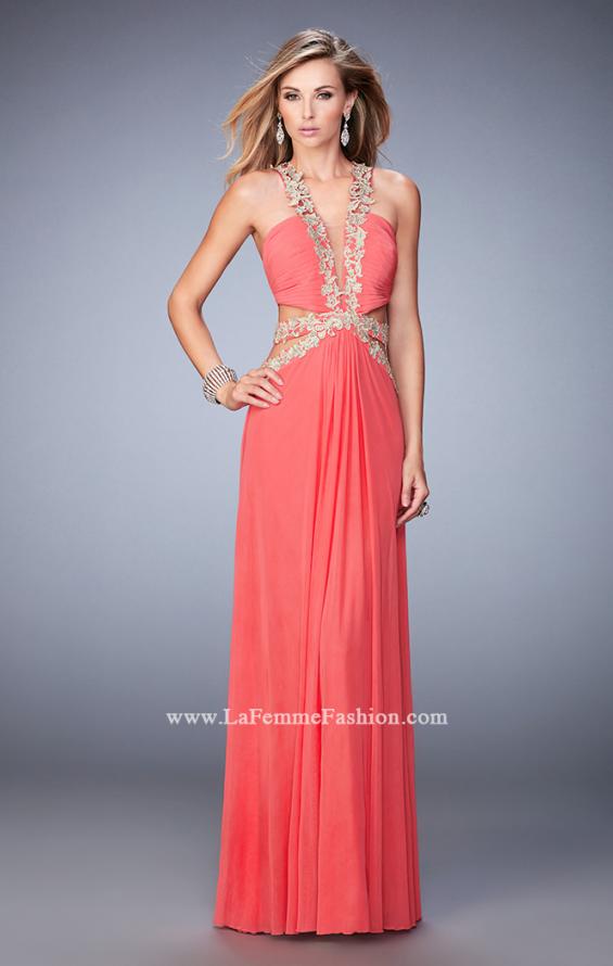 Picture of: Racer Back Long Prom Dress with Gold Embroidery in Orange, Style: 22252, Detail Picture 3