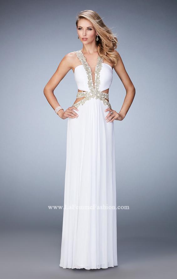 Picture of: Racer Back Long Prom Dress with Gold Embroidery in White, Style: 22252, Detail Picture 4