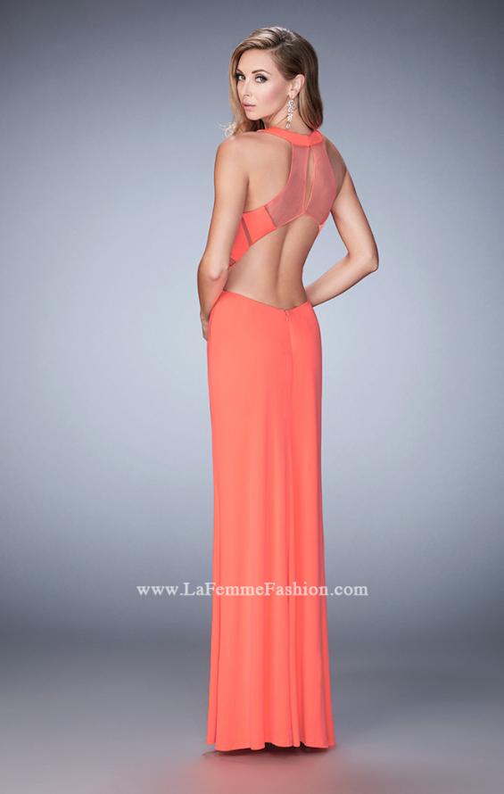 Picture of: Geo Cut Jersey Prom Dress with Sheer Racer Back in Orange, Style: 22259, Back Picture