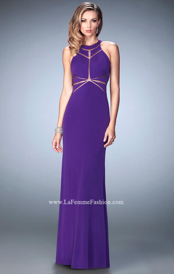 Picture of: Geo Cut Jersey Prom Dress with Sheer Racer Back in Purple, Style: 22259, Detail Picture 3