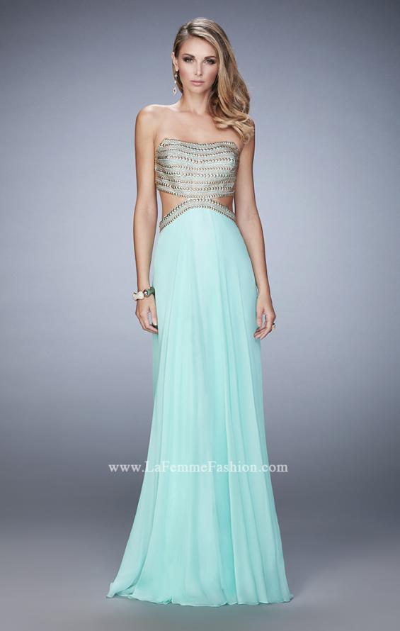 Picture of: Chiffon Prom Dress with Cut Outs and Gold Stud Detail in Blue, Style: 22285, Detail Picture 1