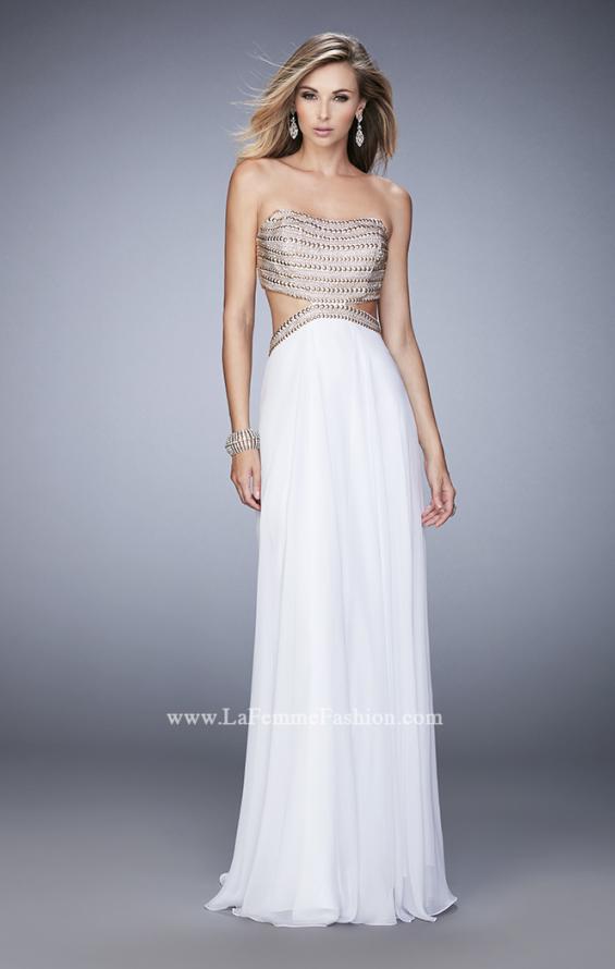 Picture of: Chiffon Prom Dress with Cut Outs and Gold Stud Detail in White, Style: 22285, Detail Picture 2
