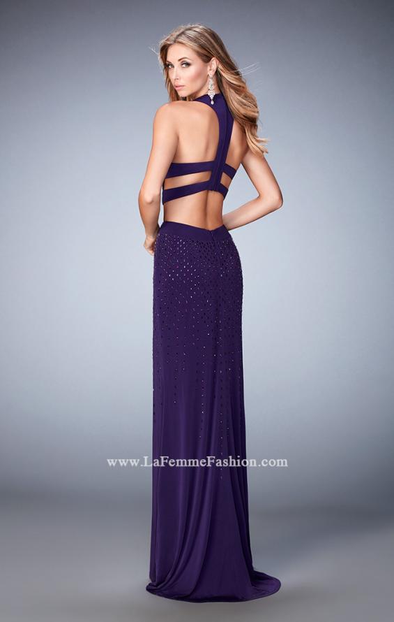 Picture of: Jersey Prom Dress with Strappy Back, Cut Outs, and Train in Purple, Style: 22287, Back Picture