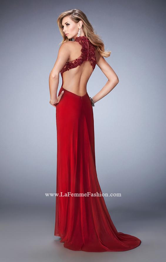 Picture of: Racer Beck Net Prom Dress with Lace Detail and Train in Red, Style: 22291, Back Picture