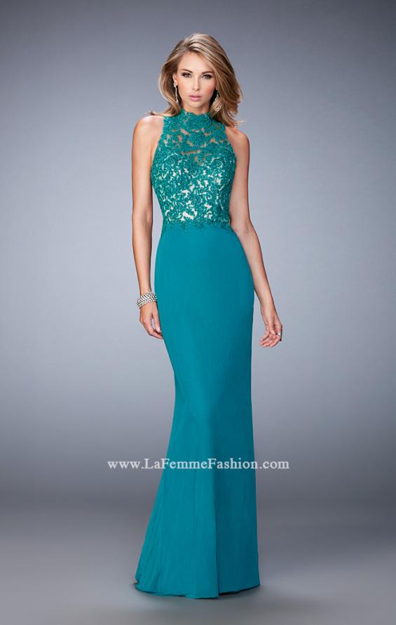 Picture of: Racer Beck Net Prom Dress with Lace Detail and Train in Green, Style: 22291, Detail Picture 1