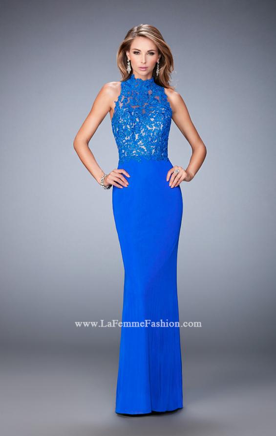 Picture of: Racer Beck Net Prom Dress with Lace Detail and Train in Blue, Style: 22291, Detail Picture 2