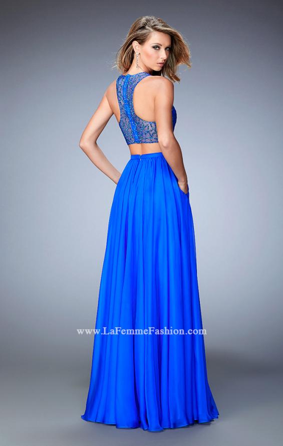 Picture of: Two Piece Chiffon Gown with Illusion Neckline and Pockets in Blue, Style: 22308, Back Picture