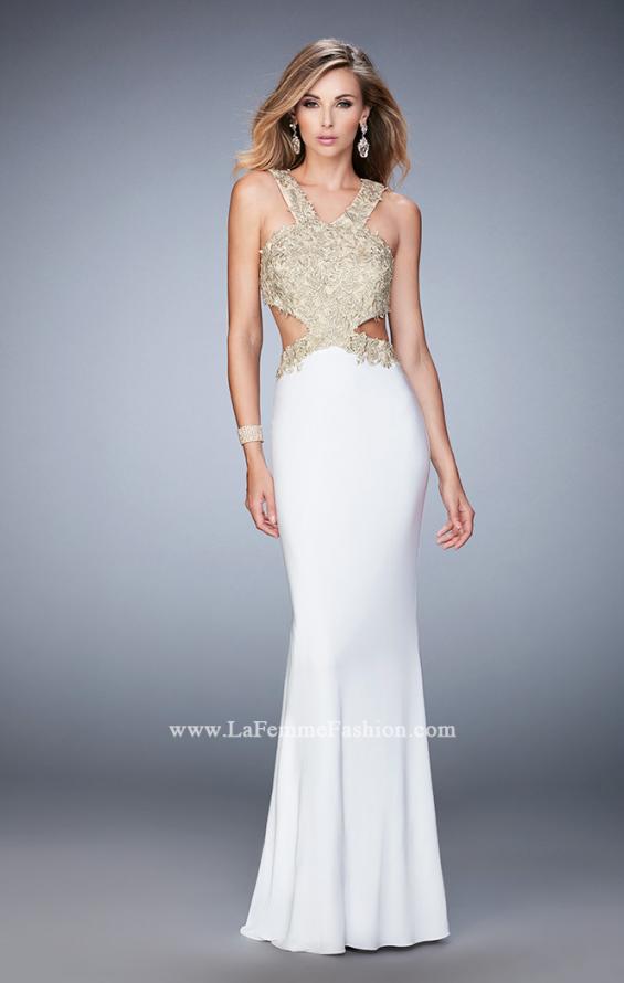 Picture of: Racer Back Jersey Prom Dress with Gold Embroidery in White, Style: 22325, Detail Picture 3