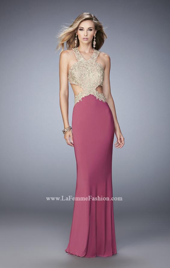 Picture of: Racer Back Jersey Prom Dress with Gold Embroidery in Pink, Style: 22325, Detail Picture 4