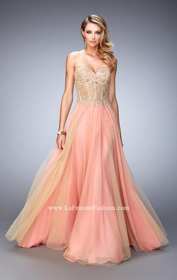 Picture of: Elegant Gown with Gold Sequin Lace and Sheer Detail in Orange, Style: 22331, Main Picture