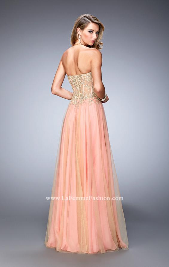 Picture of: Elegant Gown with Gold Sequin Lace and Sheer Detail in Orange, Style: 22331, Back Picture