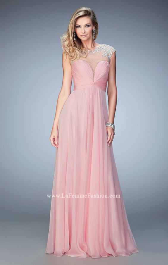 Picture of: Long Chiffon Prom Dress with Gathered Bodice and Skirt in Pink, Style: 22338, Detail Picture 1