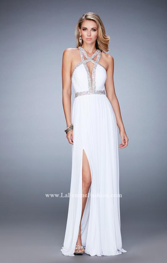 Picture of: Crystal Encrusted Prom Gown with Side Leg Slit in White, Style: 22347, Detail Picture 2