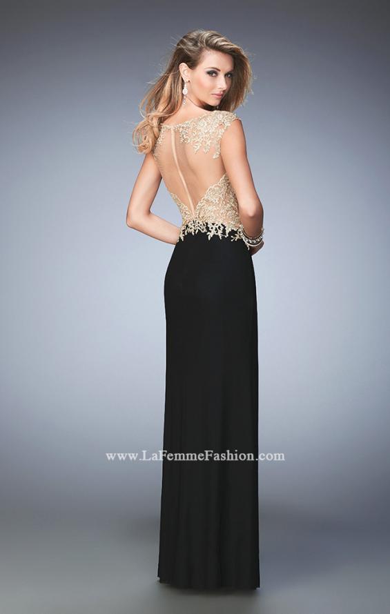 Picture of: Illusion Neckline Prom Dress with Gold Lace Detail in Black, Style: 22349, Back Picture