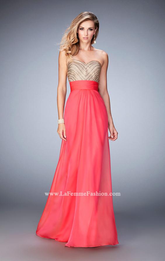 Picture of: Open Back Chiffon Prom Dress with Gold Stud Pattern in Pink, Style: 22359, Main Picture