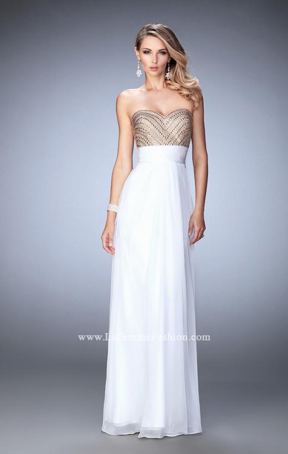 Picture of: Open Back Chiffon Prom Dress with Gold Stud Pattern in White, Style: 22359, Detail Picture 1