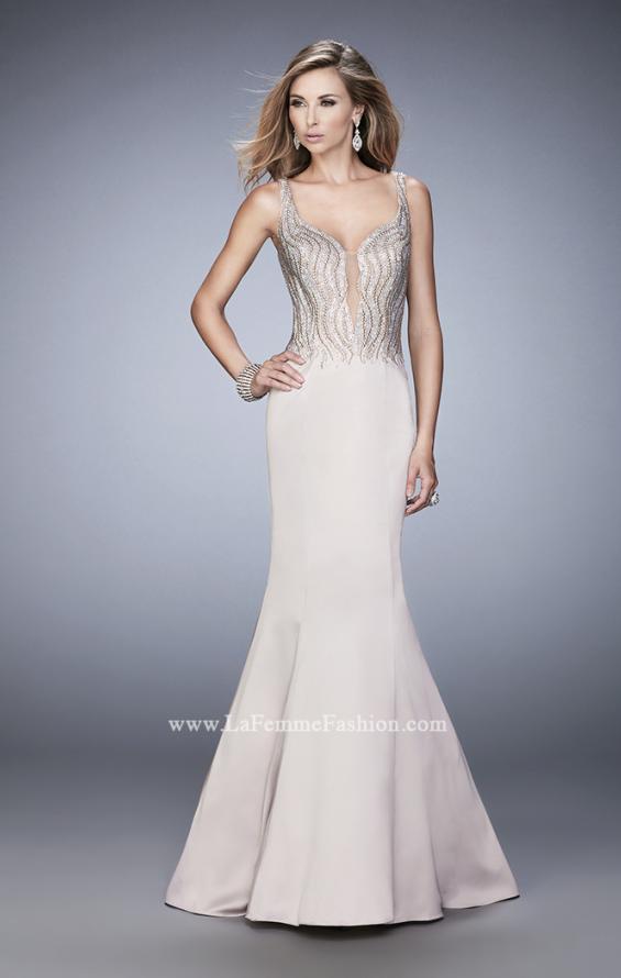 Picture of: Satin Mermaid Gown with Open Back and Cascading Beads in Nude, Style: 22365, Detail Picture 1
