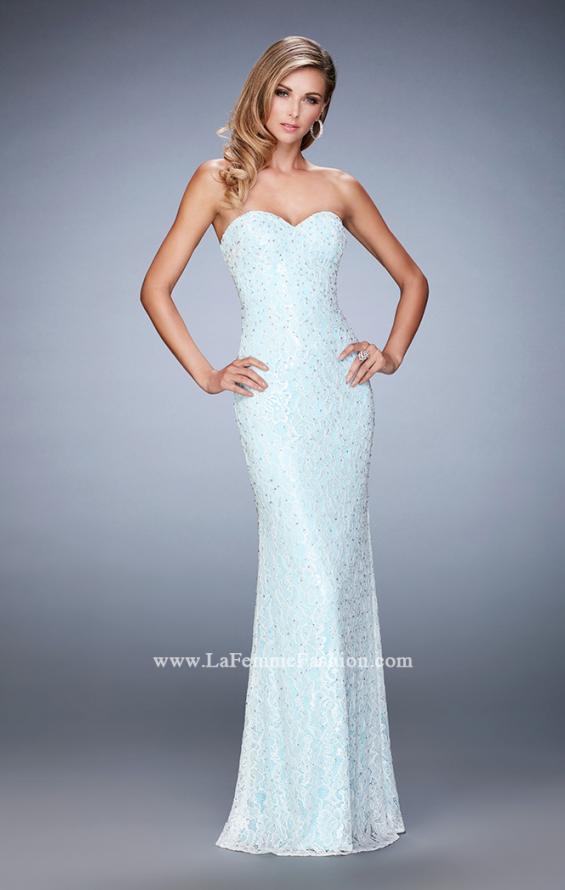 Picture of: Lace Prom Gown with Beaded Straps and Open Back in Blue, Style: 22371, Detail Picture 1