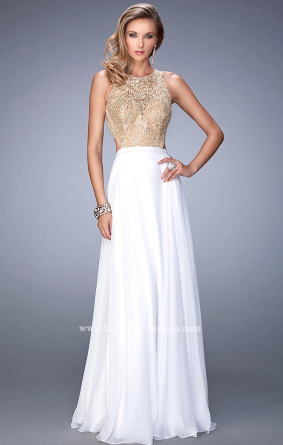 Picture of: Gold Lace Embellished High Neckline Prom Dress in White, Style: 22372, Main Picture