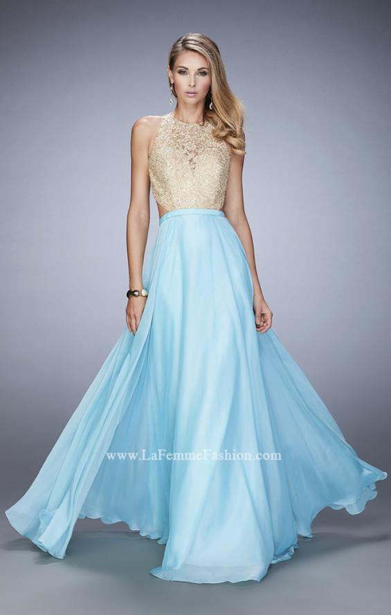 Picture of: Gold Lace Embellished High Neckline Prom Dress in Blue, Style: 22372, Detail Picture 1