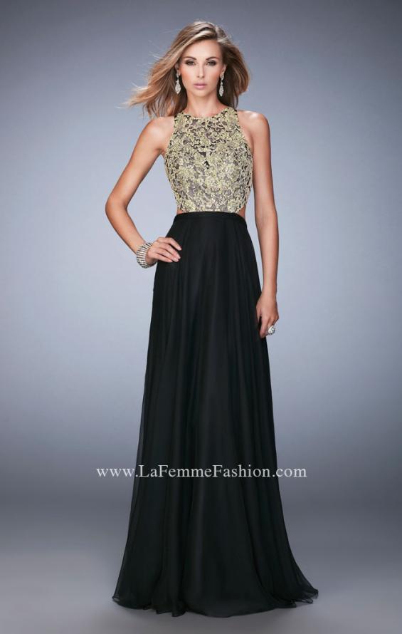 Picture of: Gold Lace Embellished High Neckline Prom Dress in Black, Style: 22372, Detail Picture 2