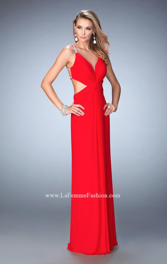 Picture of: Long Prom Gown with V Neck and Crystal Encrusted Straps in Red, Style: 22384, Back Picture