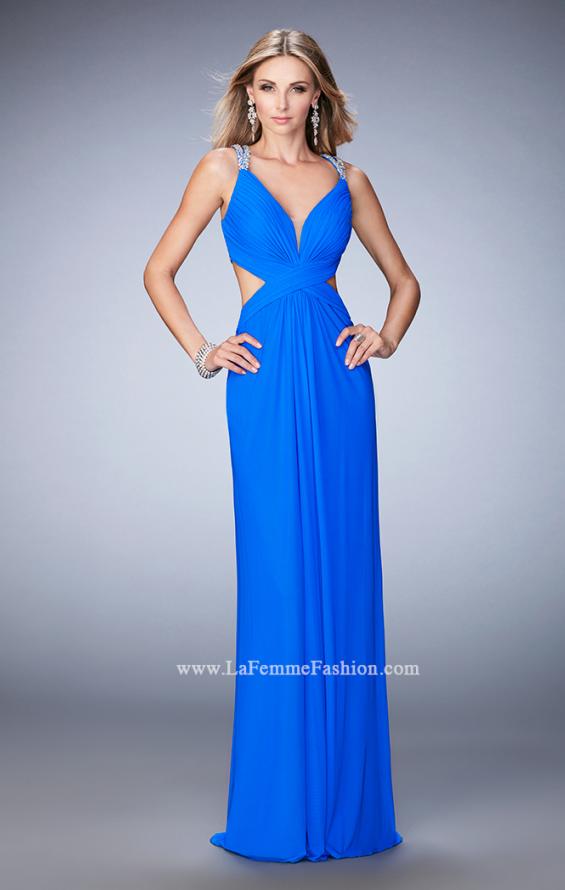 Picture of: Long Prom Gown with V Neck and Crystal Encrusted Straps in Blue, Style: 22384, Detail Picture 2