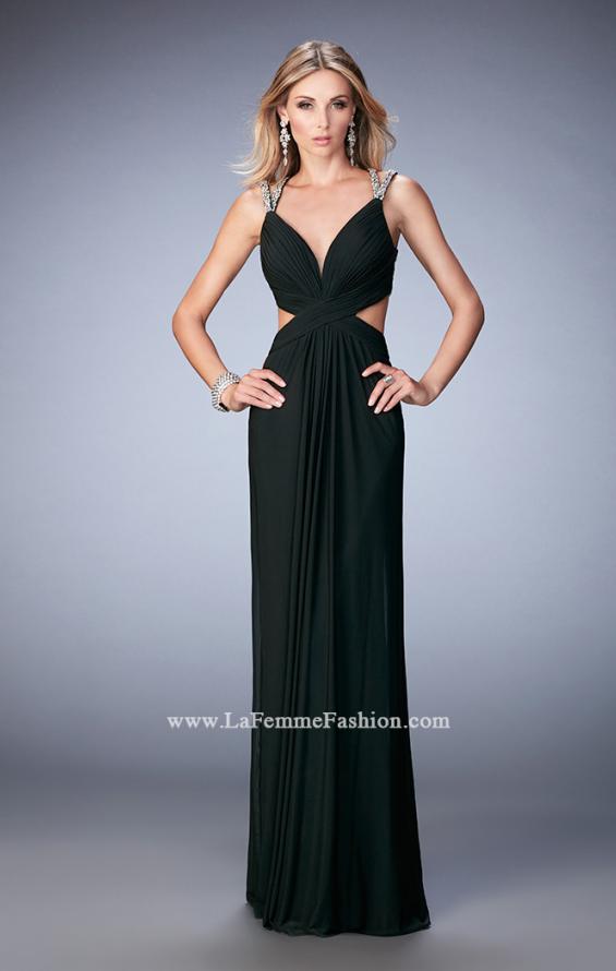 Picture of: Long Prom Gown with V Neck and Crystal Encrusted Straps in Black, Style: 22384, Detail Picture 3