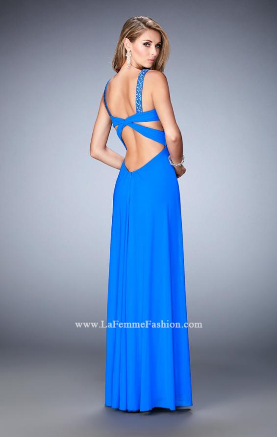 Picture of: Crystal Embellished Gown with Center Slit and Open Back in Blue, Style: 22385, Back Picture