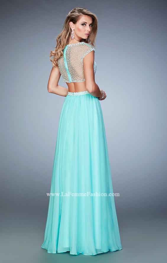 Picture of: Two Piece Illusion Neckline Dress with Pearls and Crystals in Blue, Style: 22387, Back Picture