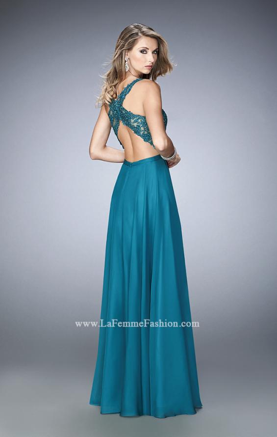 Picture of: Sheer Illusion Neckline Prom Dress with Back X Straps in Green, Style: 22407, Back Picture
