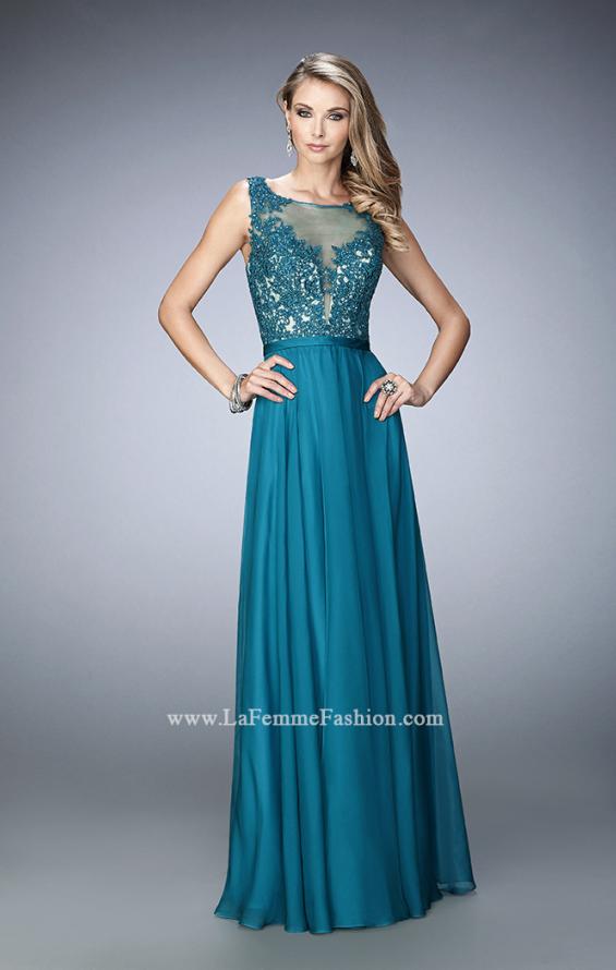 Picture of: Sheer Illusion Neckline Prom Dress with Back X Straps in Green, Style: 22407, Detail Picture 1