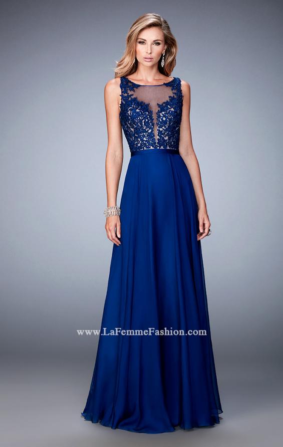 Picture of: Sheer Illusion Neckline Prom Dress with Back X Straps in Blue, Style: 22407, Detail Picture 2