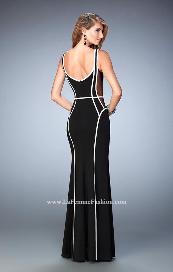 Picture of: Long Jersey Prom Dress with Piping and Sheer Sides in Black, Style: 22419, Back Picture