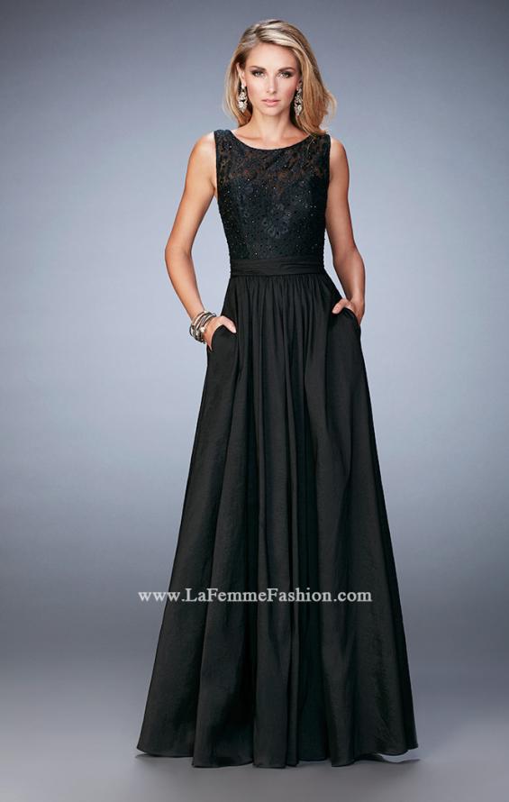 Picture of: Lace Top Taffeta Gown with Open Back and Pockets in Black, Style: 22446, Detail Picture 1