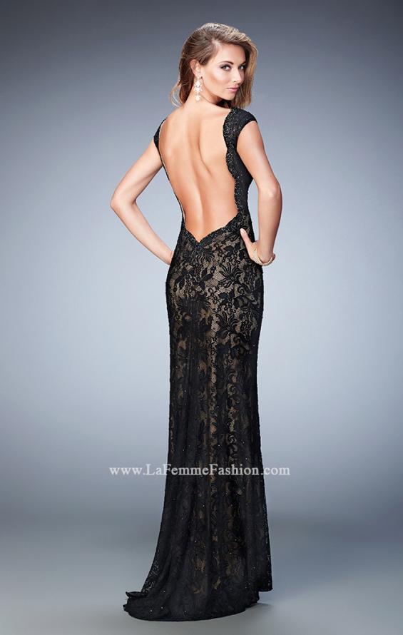 Picture of: Lace Prom gown with Open Back, Train, and Rhinestones in Black, Style: 22479, Back Picture