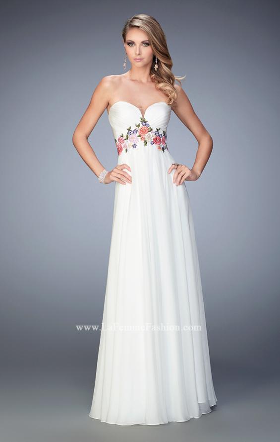 Picture of: Floral Accented Chiffon Prom Dress with Rhinestones in White, Style: 22521, Main Picture