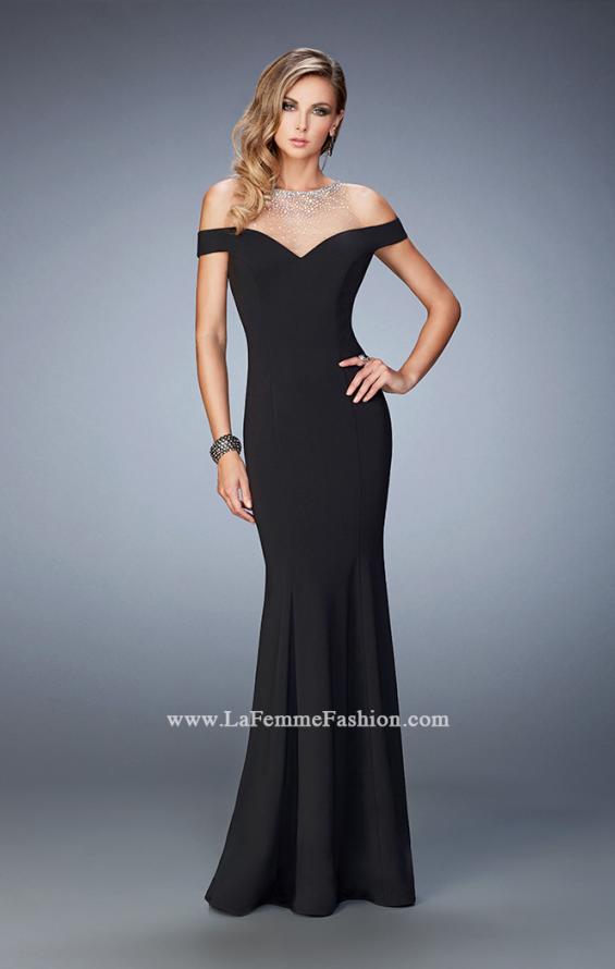 Picture of: Embellished Off the Shoulder Jersey Prom Gown in Black, Style: 22527, Detail Picture 1