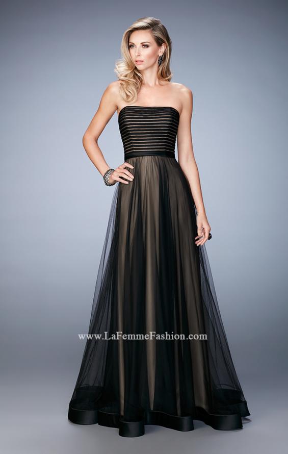 Picture of: Tulle A-line Gown with Striped Bodice and Satin Trim in Black, Style: 22536, Detail Picture 1