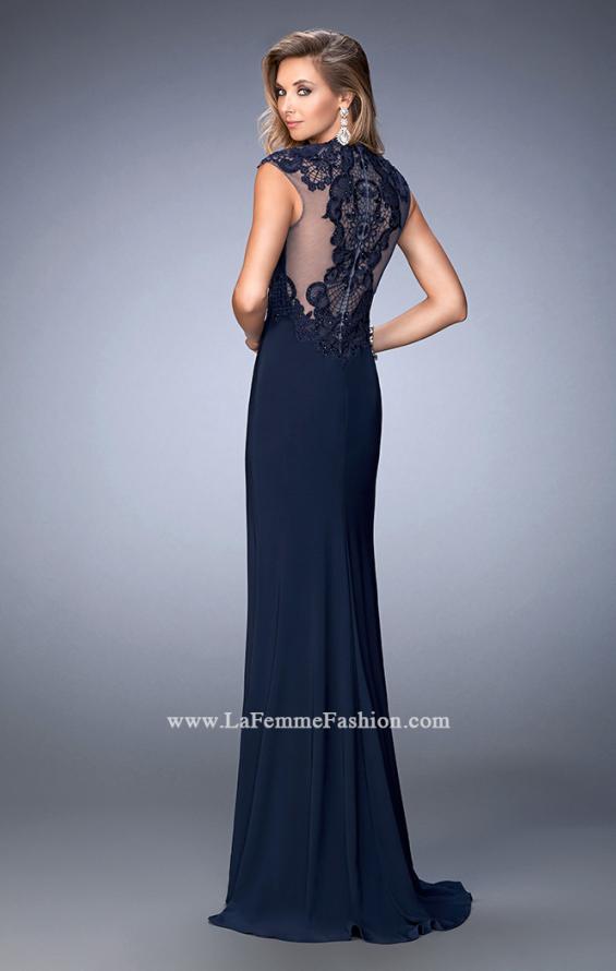Picture of: Jersey Prom Dress with Tonal Embroidery and Slit in Blue, Style: 22585, Back Picture