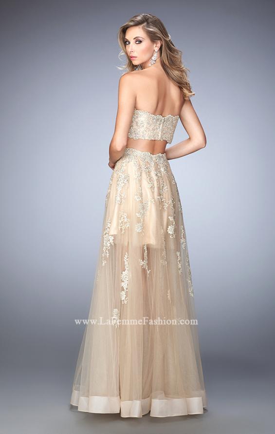 Picture of: Tulle Prom Gown with Gold Beaded and Lace Applique in Nude, Style: 22602, Back Picture