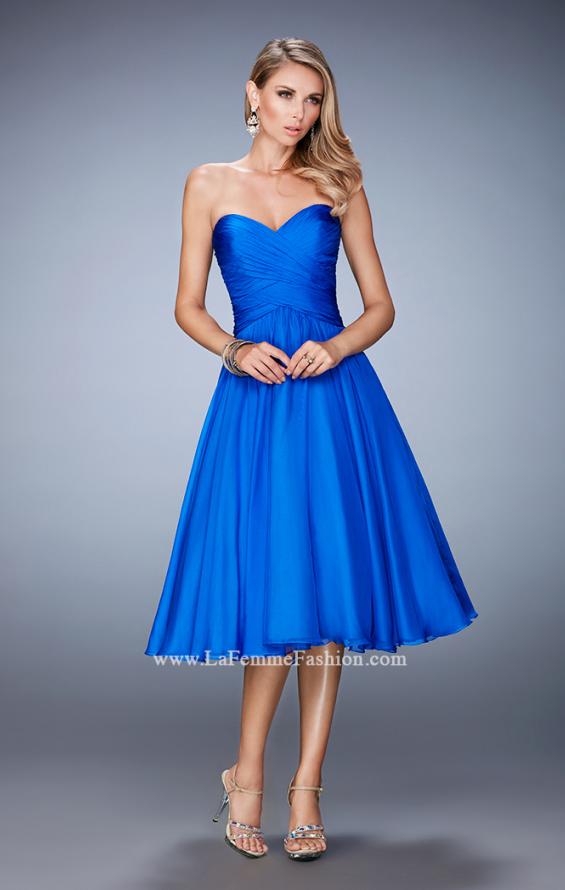 Picture of: Tea Length Party Dress with Gathered Bodice in Blue, Style: 22638, Detail Picture 1