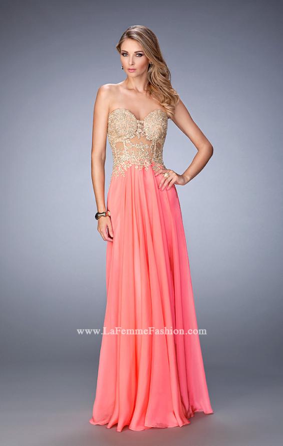 Picture of: Long Chiffon Prom Dress with Gold Lace Applique in Orange, Style: 22707, Detail Picture 1