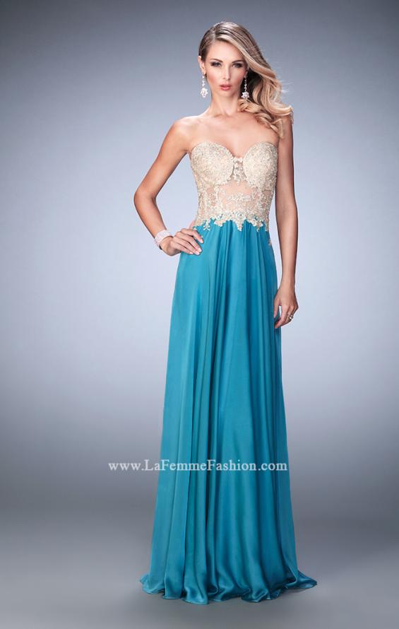 Picture of: Long Chiffon Prom Dress with Gold Lace Applique in Blue, Style: 22707, Detail Picture 2