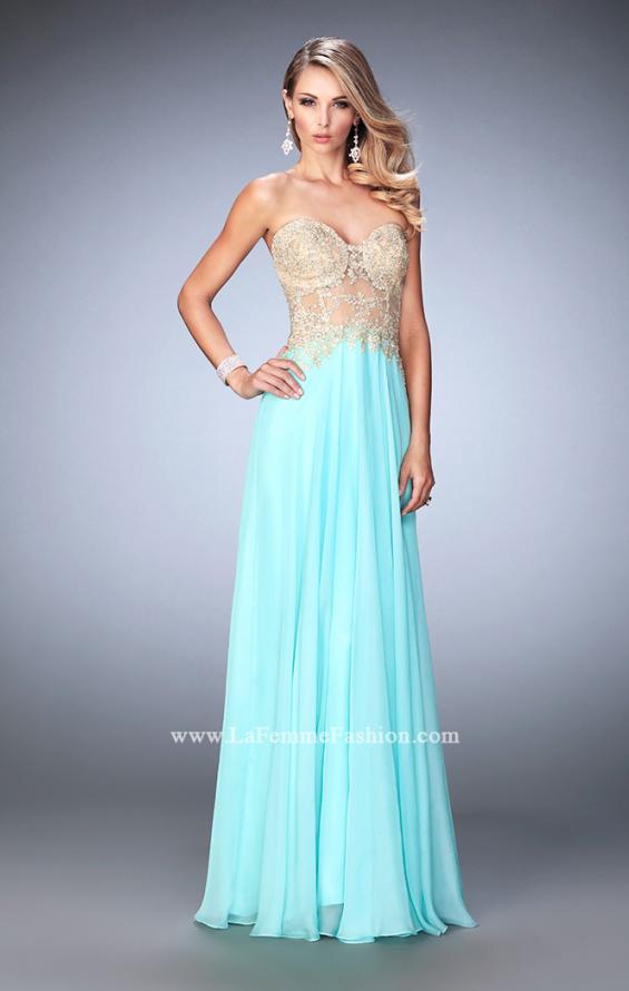 Picture of: Long Chiffon Prom Dress with Gold Lace Applique in Blue, Style: 22707, Detail Picture 3
