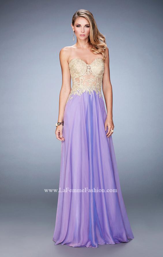 Picture of: Long Chiffon Prom Dress with Gold Lace Applique in Purple, Style: 22707, Detail Picture 4