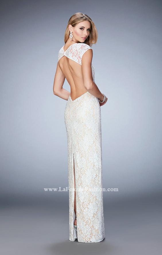 Picture of: Long Lace Gown with Sheer Sleeves and Back Slit in White, Style: 22735, Back Picture